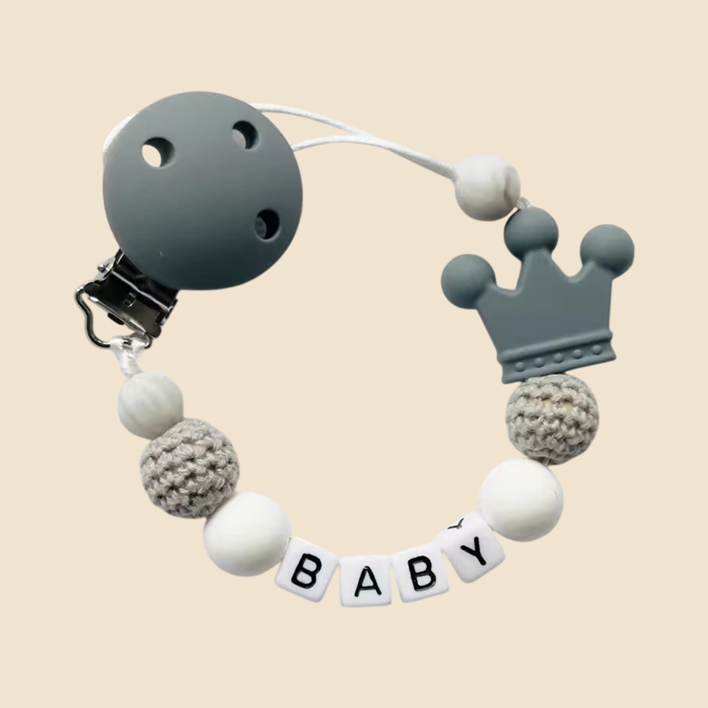 Personalized Name Pacifier Clip - Handmade Beech Wood & Silicone Chain - Crown Holder & Teething Toy Gift