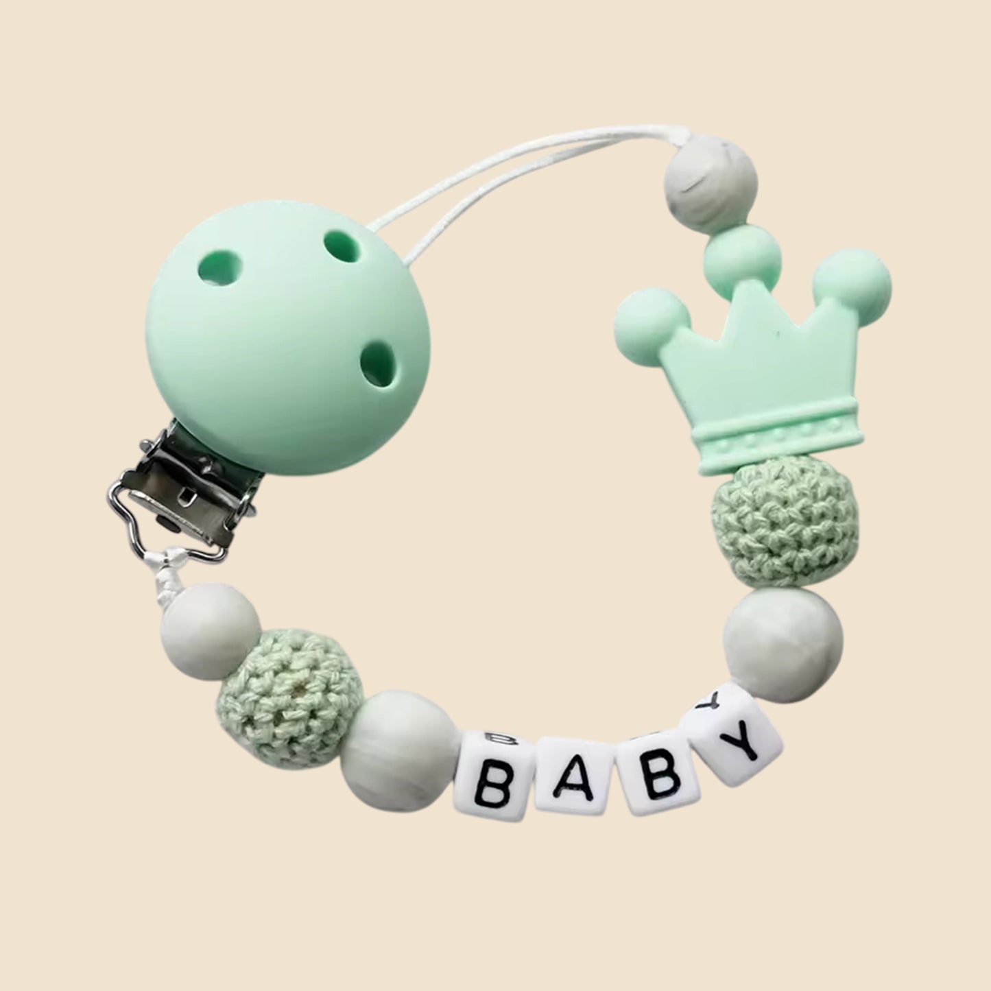 Personalized Name Pacifier Clip - Handmade Beech Wood & Silicone Chain - Crown Holder & Teething Toy Gift