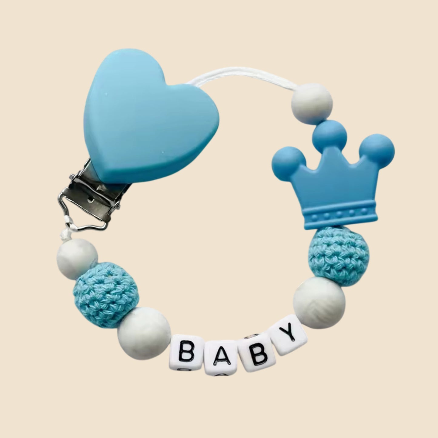 Personalized Name Pacifier Clip - Handmade Beech Wood & Silicone Chain - Crown Holder & Teething Toy Gift