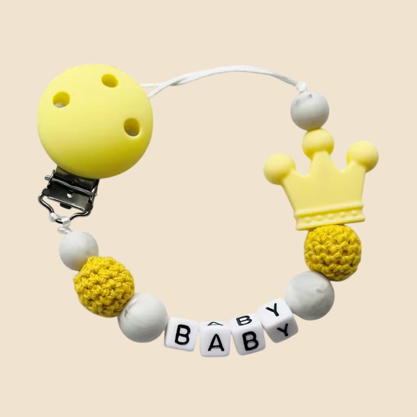 Personalized Name Pacifier Clip - Handmade Beech Wood & Silicone Chain - Crown Holder & Teething Toy Gift