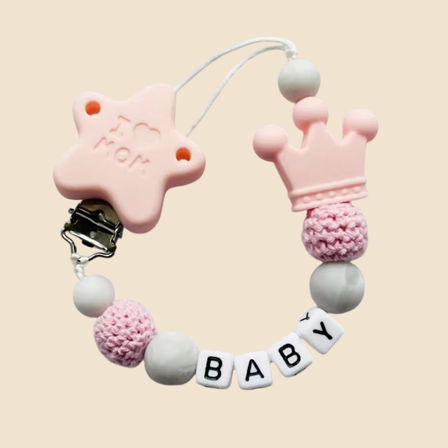 Personalized Name Pacifier Clip - Handmade Beech Wood & Silicone Chain - Crown Holder & Teething Toy Gift