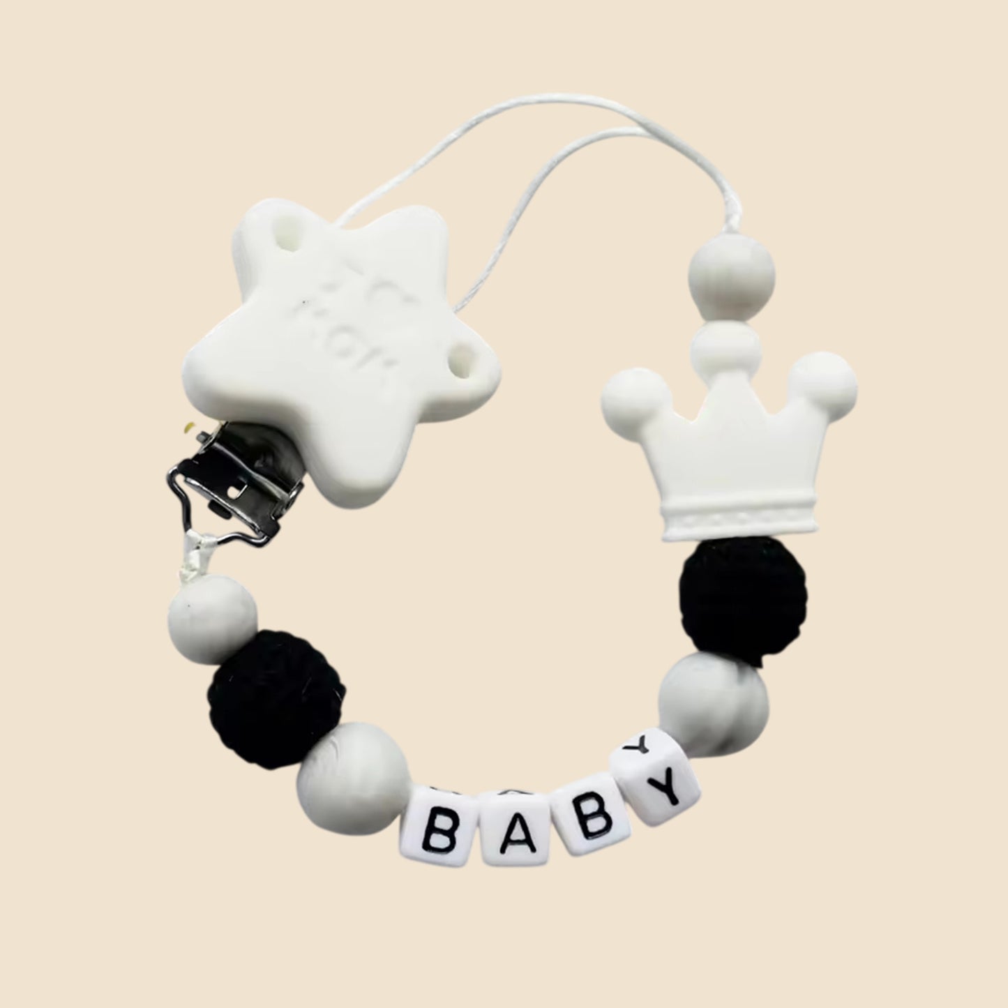 Personalized Name Pacifier Clip - Handmade Beech Wood & Silicone Chain - Crown Holder & Teething Toy Gift
