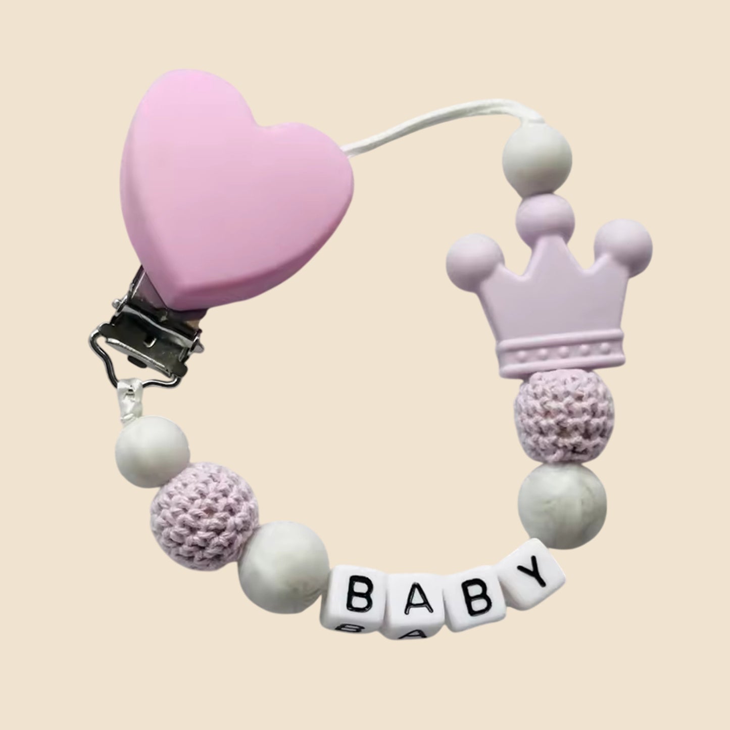Personalized Name Pacifier Clip - Handmade Beech Wood & Silicone Chain - Crown Holder & Teething Toy Gift