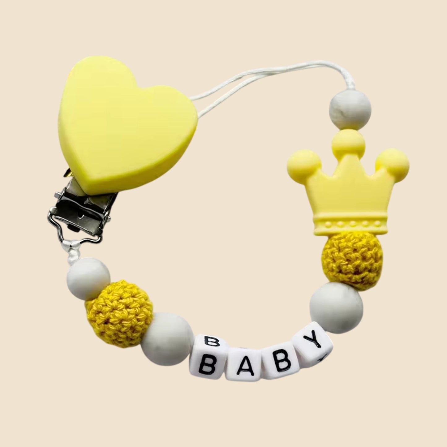Personalized Name Pacifier Clip - Handmade Beech Wood & Silicone Chain - Crown Holder & Teething Toy Gift