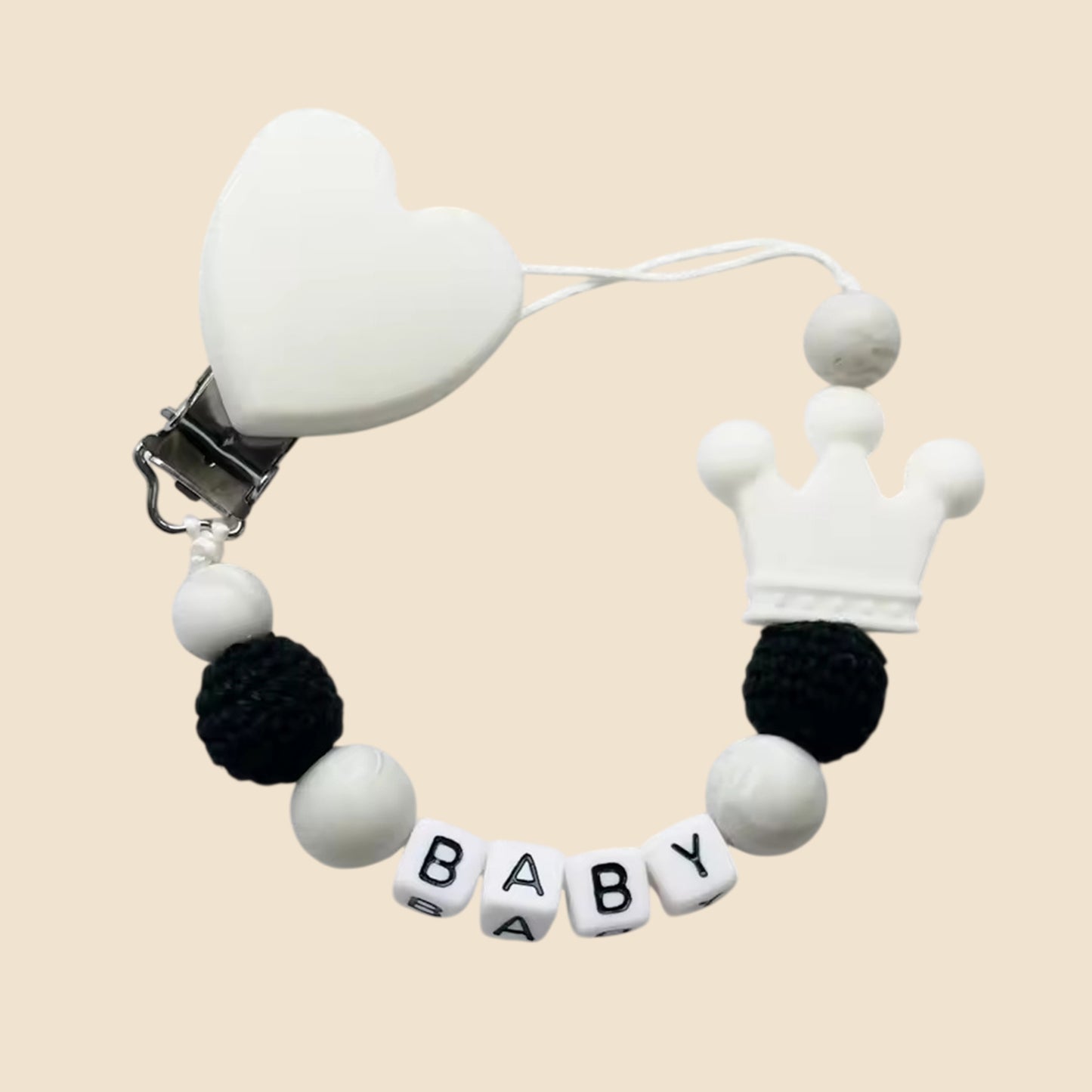 Personalized Name Pacifier Clip - Handmade Beech Wood & Silicone Chain - Crown Holder & Teething Toy Gift