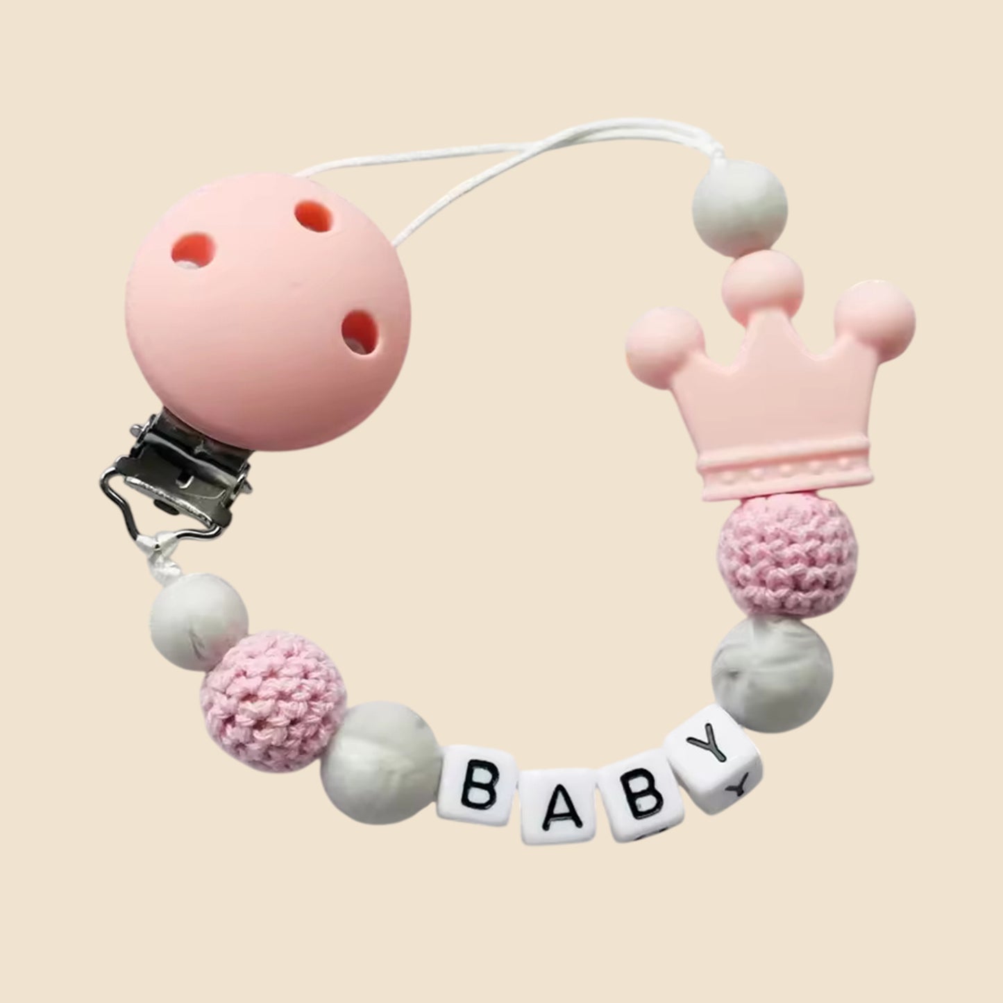 Personalized Name Pacifier Clip - Handmade Beech Wood & Silicone Chain - Crown Holder & Teething Toy Gift