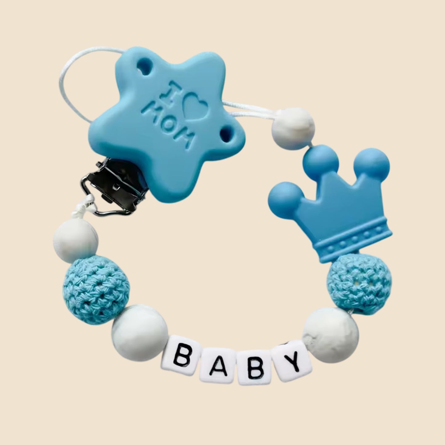 Personalized Name Pacifier Clip - Handmade Beech Wood & Silicone Chain - Crown Holder & Teething Toy Gift