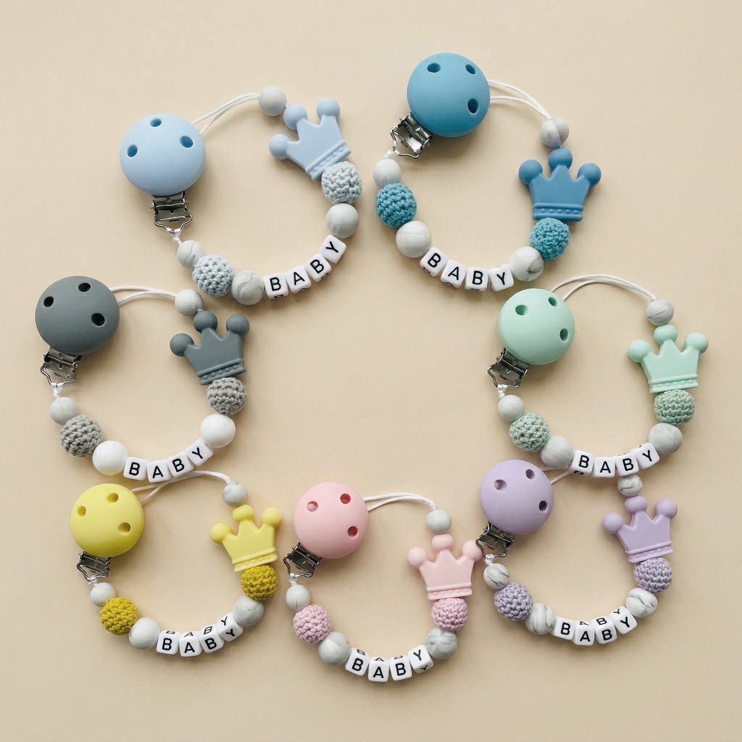 Personalized Name Pacifier Clip - Handmade Beech Wood & Silicone Chain - Crown Holder & Teething Toy Gift