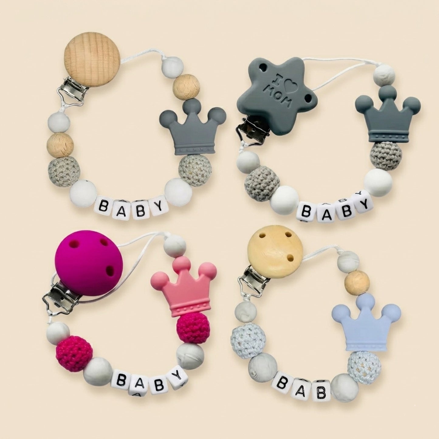 Personalized Name Pacifier Clip - Handmade Beech Wood & Silicone Chain - Crown Holder & Teething Toy Gift