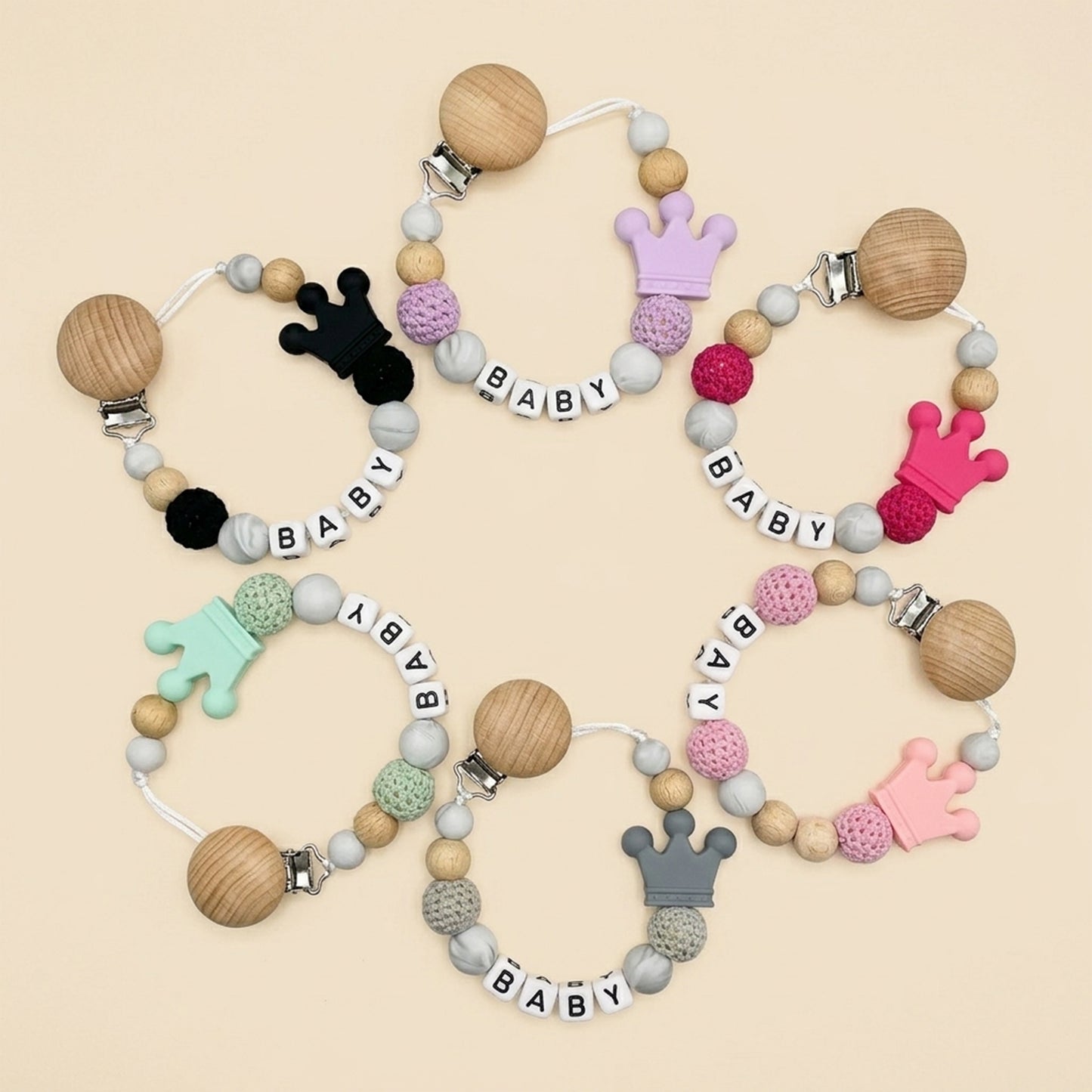Personalized Name Pacifier Clip - Handmade Beech Wood & Silicone Chain - Crown Holder & Teething Toy Gift