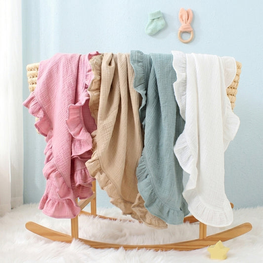Custom Name Ruffled Edge Baby Blanket - Personalized Cotton Bedding - Multi-functional Swaddle & Bath Towel