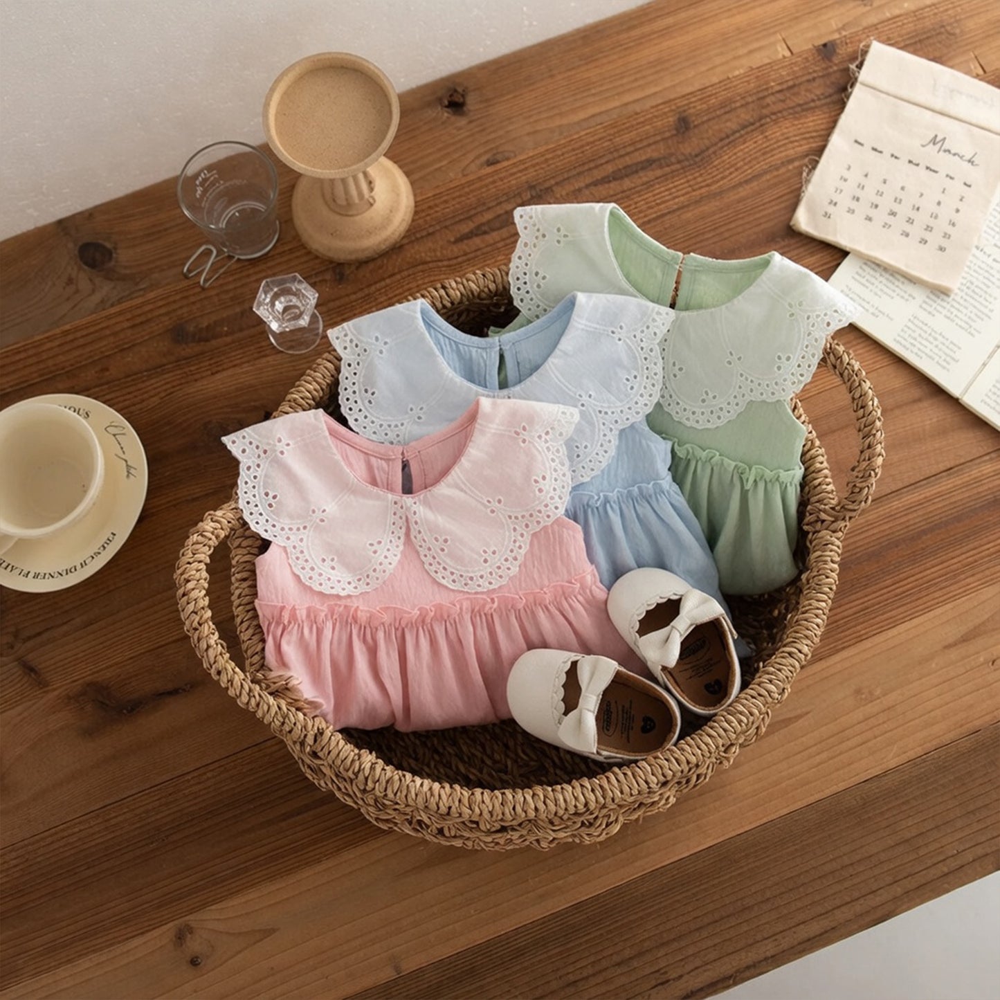 Baby Girl Summer Cotton Dress - Solid Color Lapel Sleeveless Sunsuit - Cute Girls Beach Outfits 0-3Y