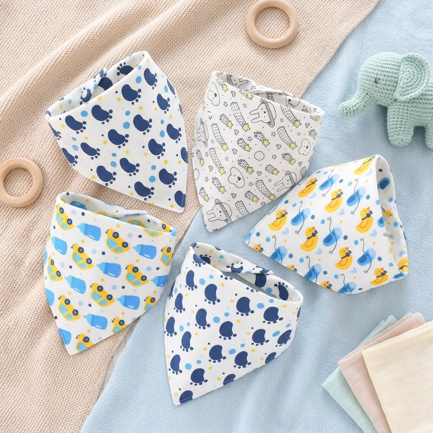 Pure Cotton Baby Triangle Scarf Set - 5Pcs Waterproof Feeding Bibs - Soft Absorbent Saliva Scarf for Newborns