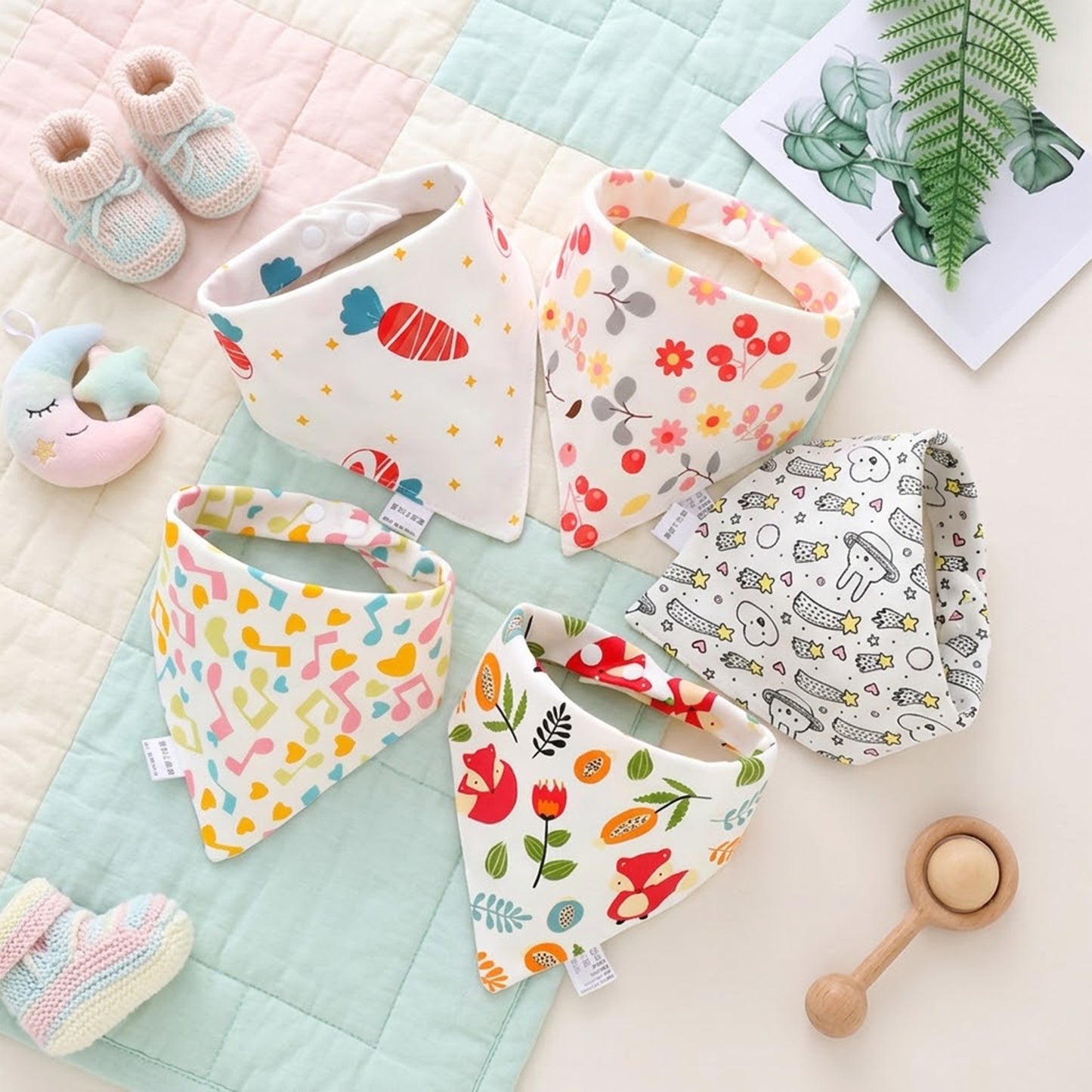 Pure Cotton Baby Triangle Scarf Set - 5Pcs Waterproof Feeding Bibs - Soft Absorbent Saliva Scarf for Newborns