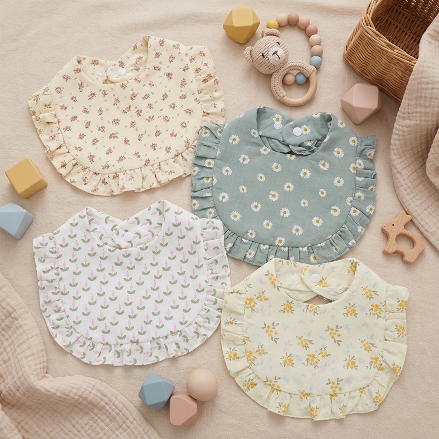 A-Grade Muslin Cotton Flower Bib - Soft Ruffled Burp Cloth - Adjustable Snap Rainbow Saliva Towel for Infants