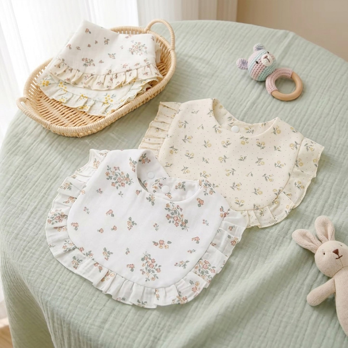 A-Grade Muslin Cotton Flower Bib - Soft Ruffled Burp Cloth - Adjustable Snap Rainbow Saliva Towel for Infants
