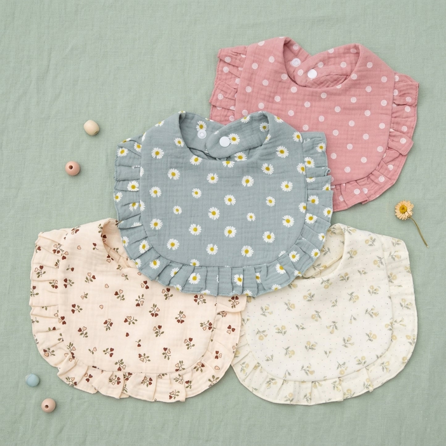 A-Grade Muslin Cotton Flower Bib - Soft Ruffled Burp Cloth - Adjustable Snap Rainbow Saliva Towel for Infants