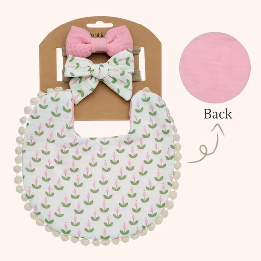 3-in-1 Baby Flower Bib & Headband Set - Elegant Double-Sided Saliva Towel & Bow Hairbands for Babies