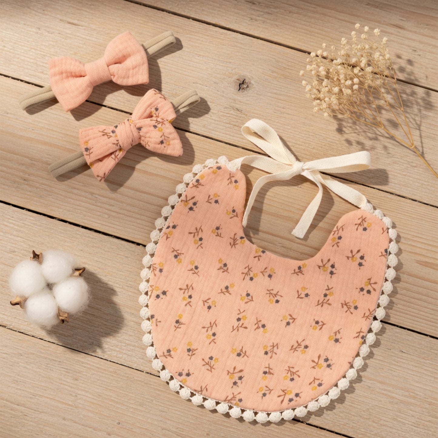 3-in-1 Baby Flower Bib & Headband Set - Elegant Double-Sided Saliva Towel & Bow Hairbands for Babies