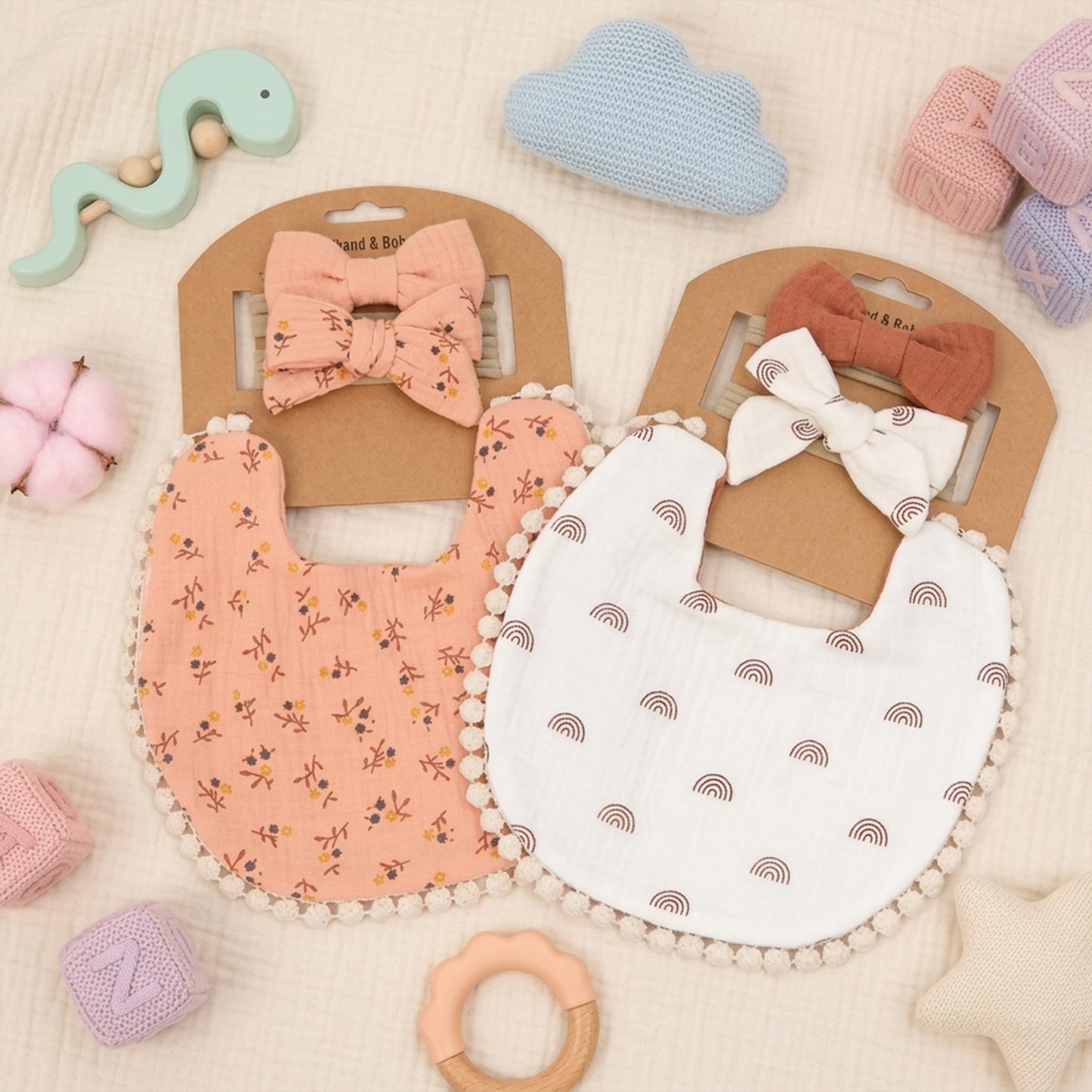 3-in-1 Baby Flower Bib & Headband Set - Elegant Double-Sided Saliva Towel & Bow Hairbands for Babies