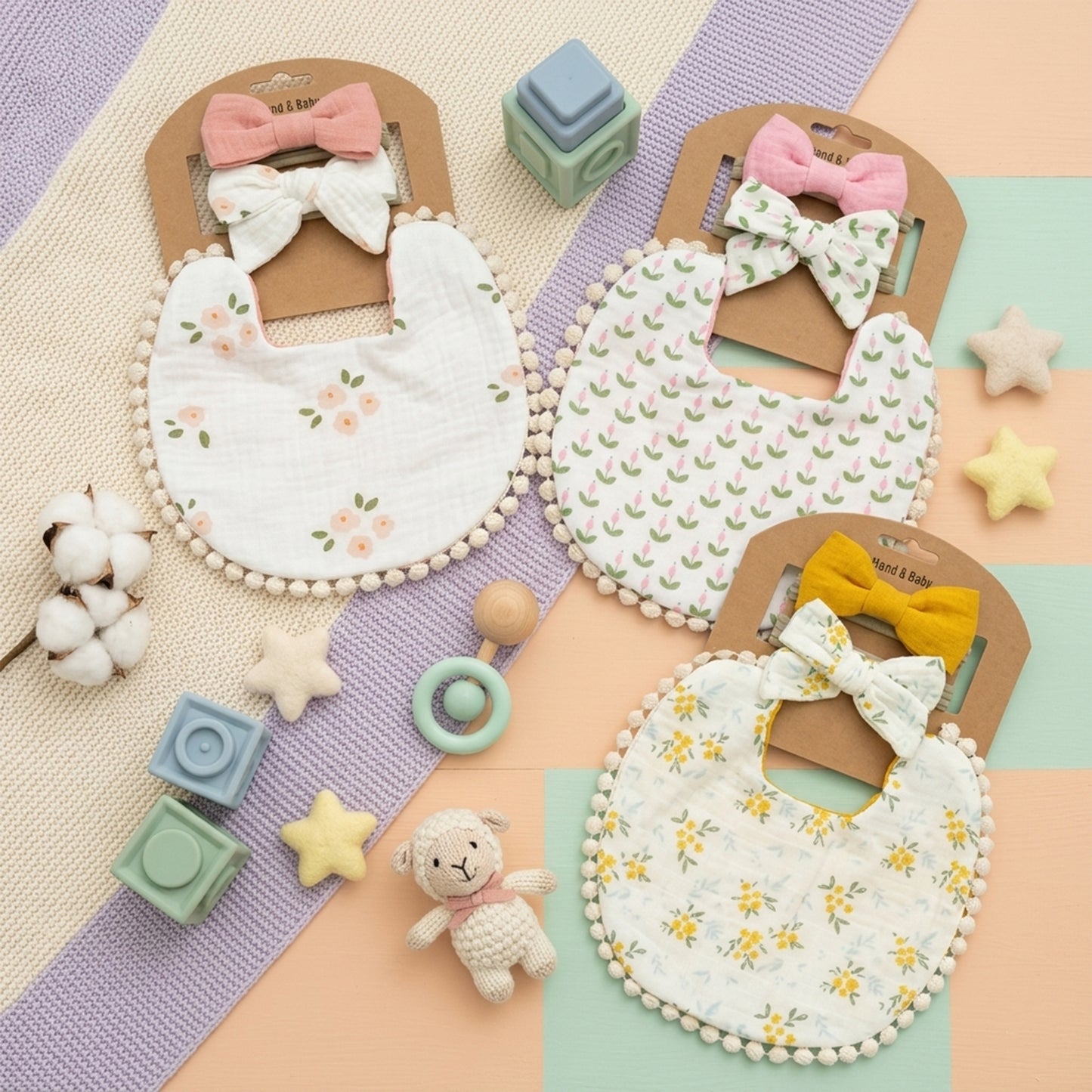 3-in-1 Baby Flower Bib & Headband Set - Elegant Double-Sided Saliva Towel & Bow Hairbands for Babies