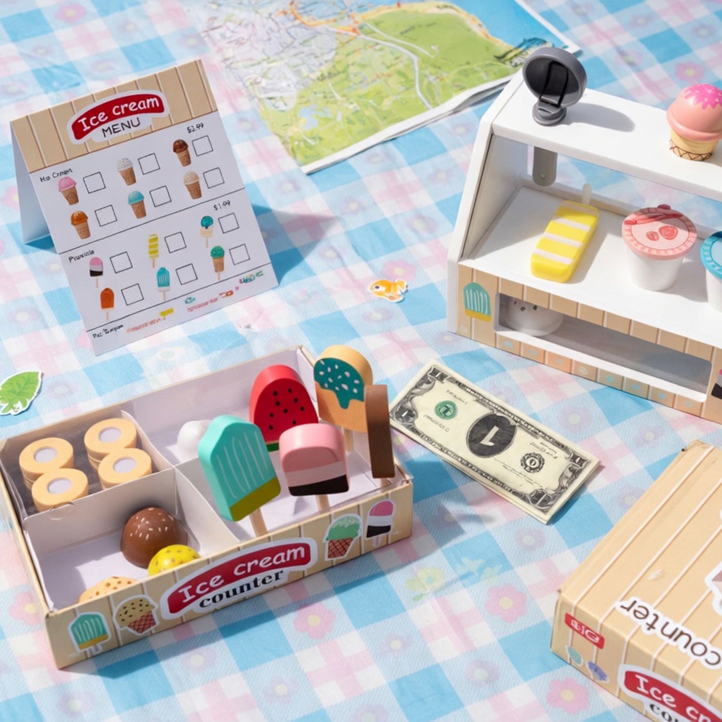 Interactive Ice Cream Counter Playset - Pretend Play Food & Kitchen Accessories with Coins - Educational Role Play Toy for Boys & Girls