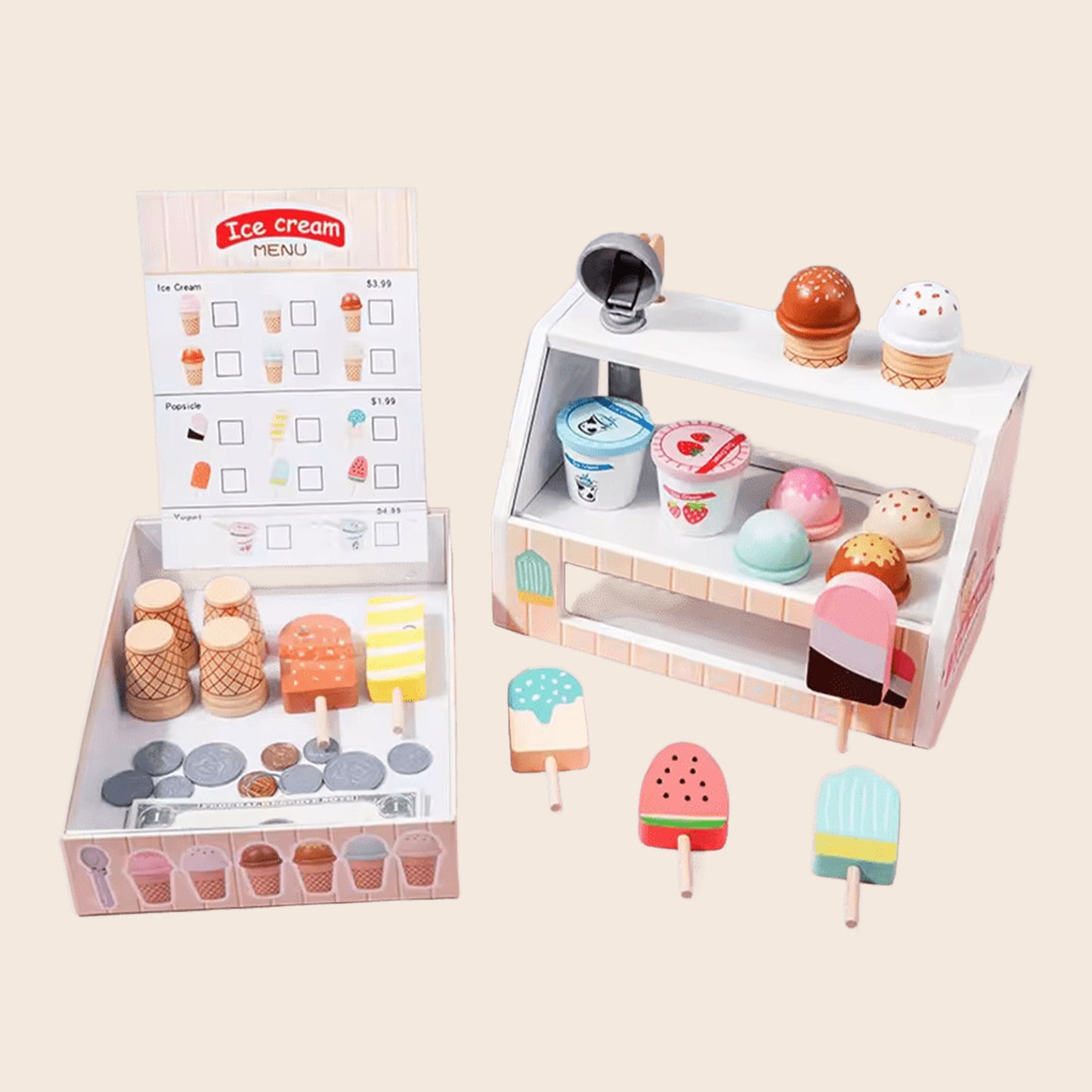 Interactive Ice Cream Counter Playset - Pretend Play Food & Kitchen Accessories with Coins - Educational Role Play Toy for Boys & Girls