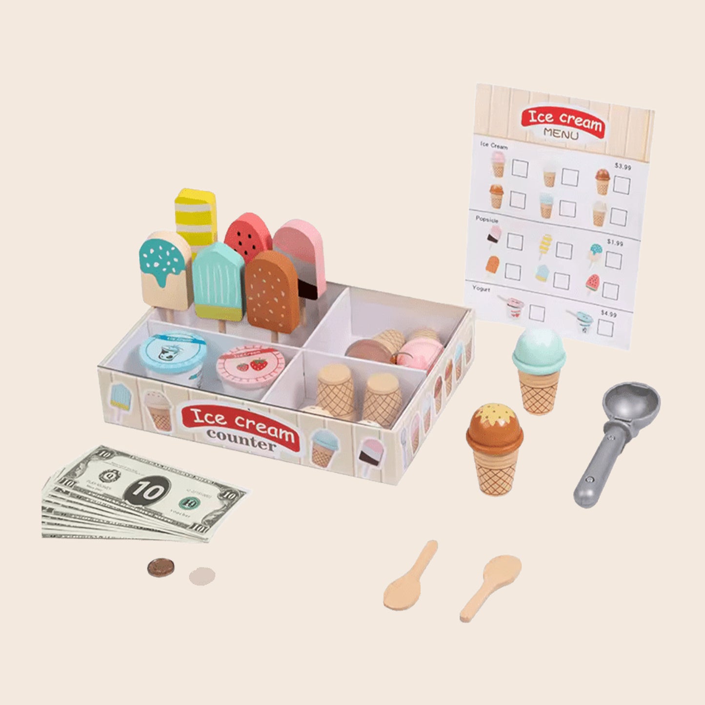 Interactive Ice Cream Counter Playset - Pretend Play Food & Kitchen Accessories with Coins - Educational Role Play Toy for Boys & Girls