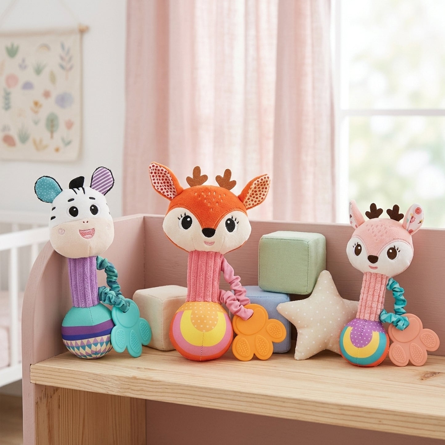 Soft Plush Baby Rattle - Cute Animal Squeaky & Crinkle Toy - Early Sensory Soothing Hand Grip Toy for Newborns