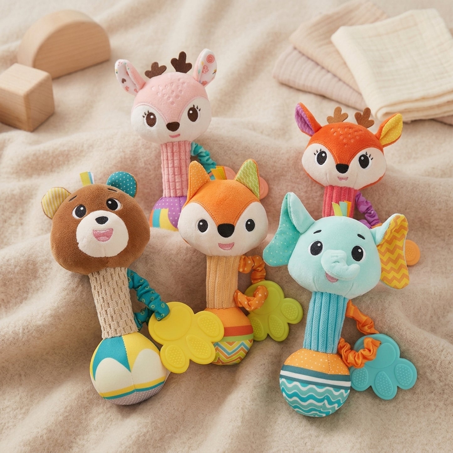 Soft Plush Baby Rattle - Cute Animal Squeaky & Crinkle Toy - Early Sensory Soothing Hand Grip Toy for Newborns