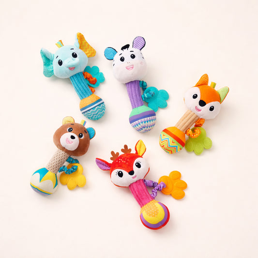 Soft Plush Baby Rattle - Cute Animal Squeaky & Crinkle Toy - Early Sensory Soothing Hand Grip Toy for Newborns