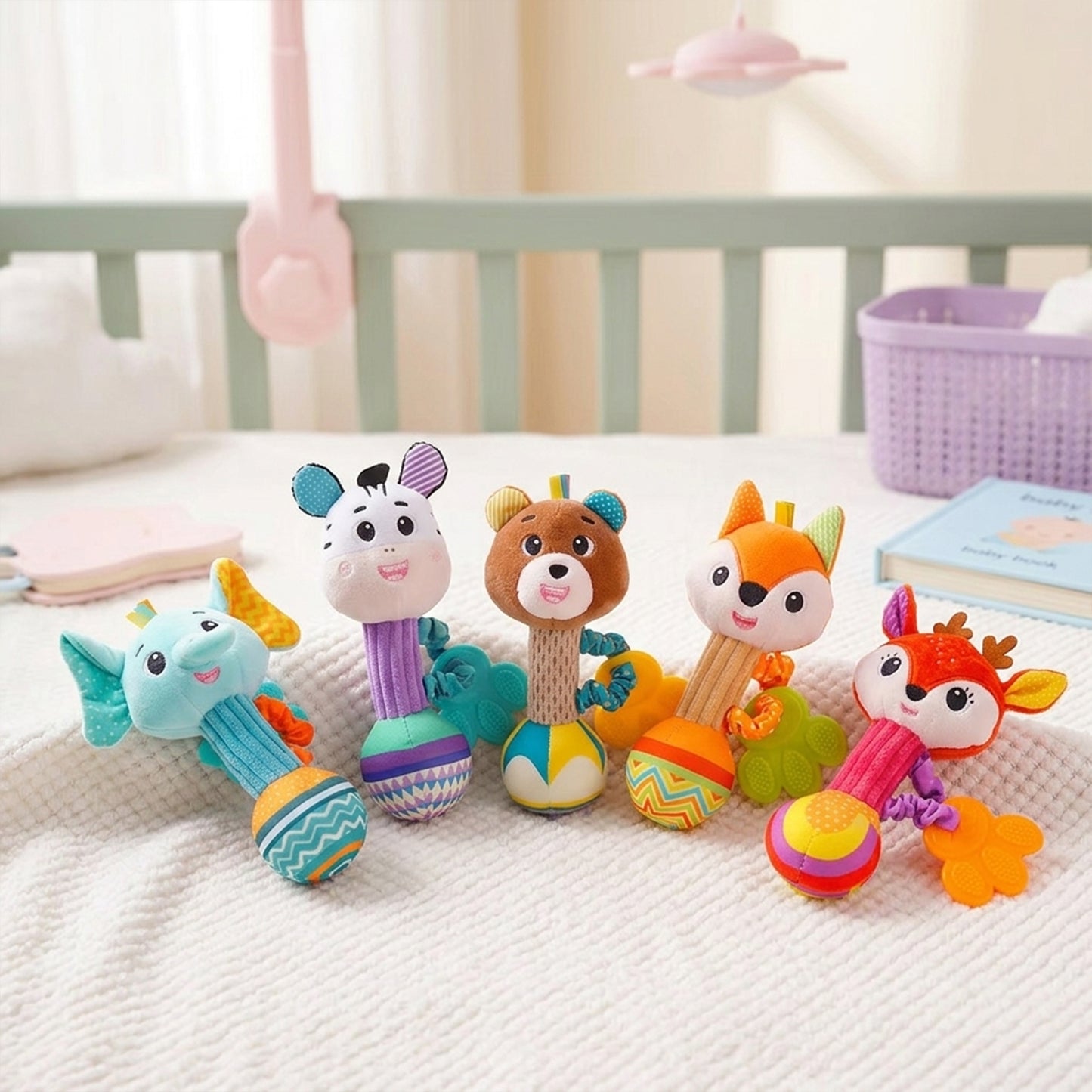 Soft Plush Baby Rattle - Cute Animal Squeaky & Crinkle Toy - Early Sensory Soothing Hand Grip Toy for Newborns