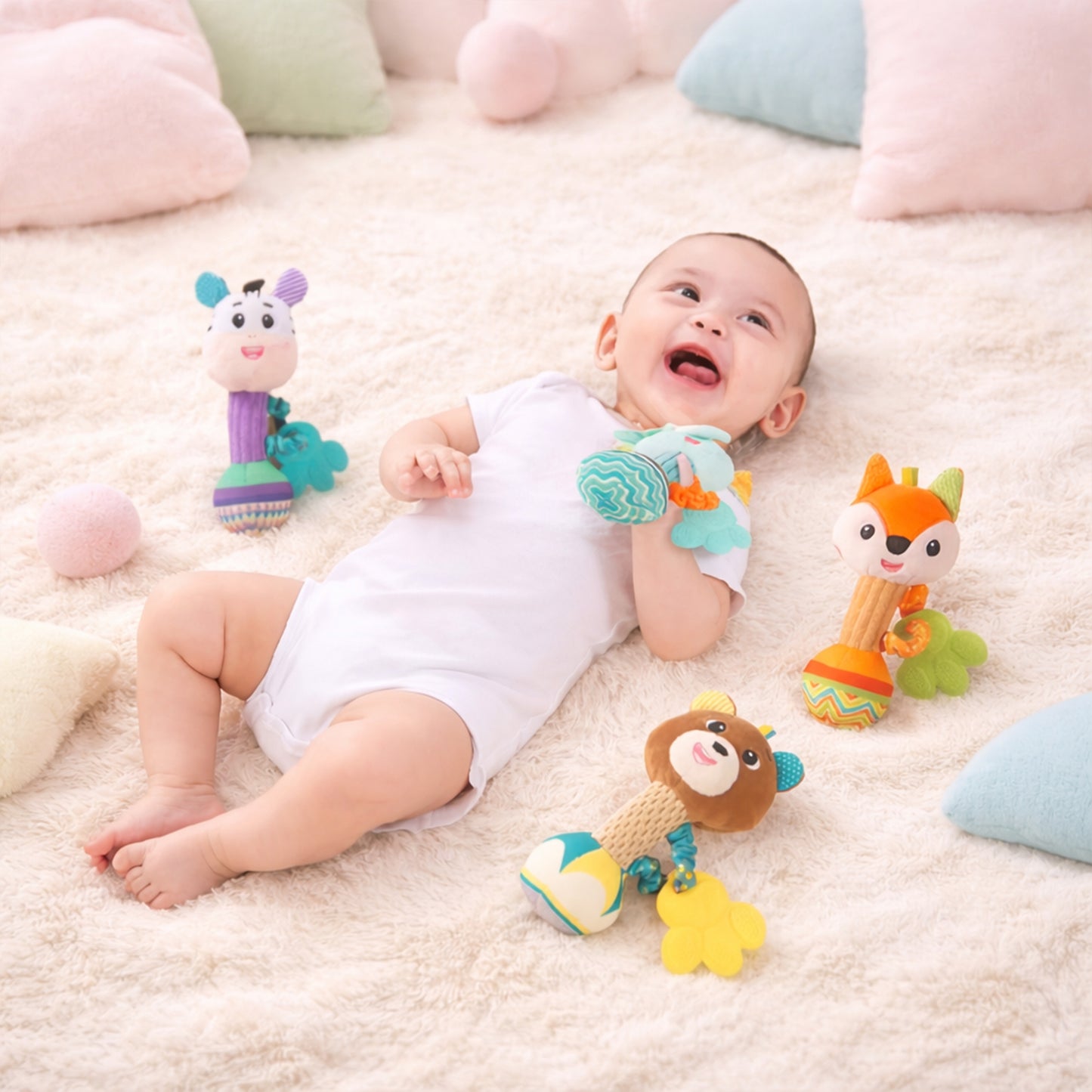 Soft Plush Baby Rattle - Cute Animal Squeaky & Crinkle Toy - Early Sensory Soothing Hand Grip Toy for Newborns