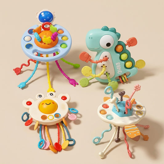 Silicone Sensory Pull Toy - 3-in-1 Baby Teether & Rattle Set - Learning & Development Toy for 6-12 Months