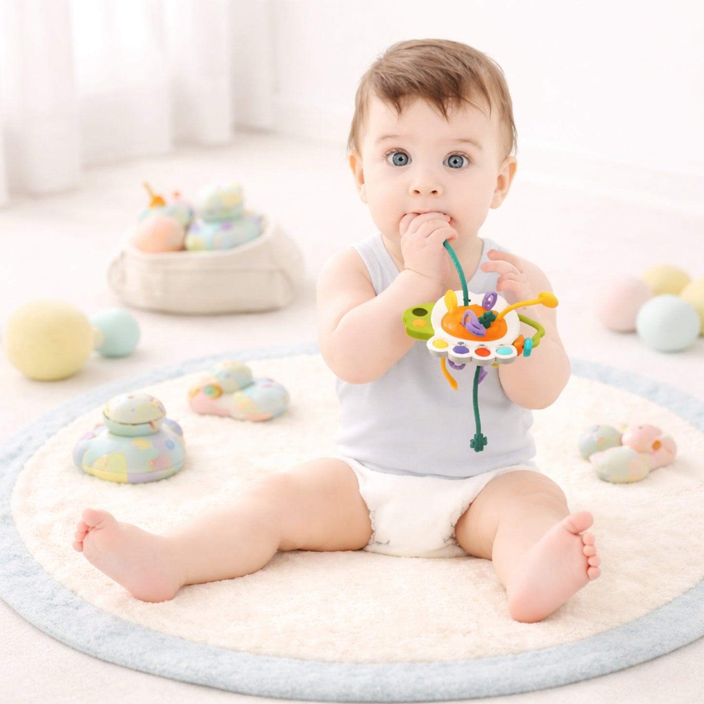 Silicone Sensory Pull Toy - 3-in-1 Baby Teether & Rattle Set - Learning & Development Toy for 6-12 Months