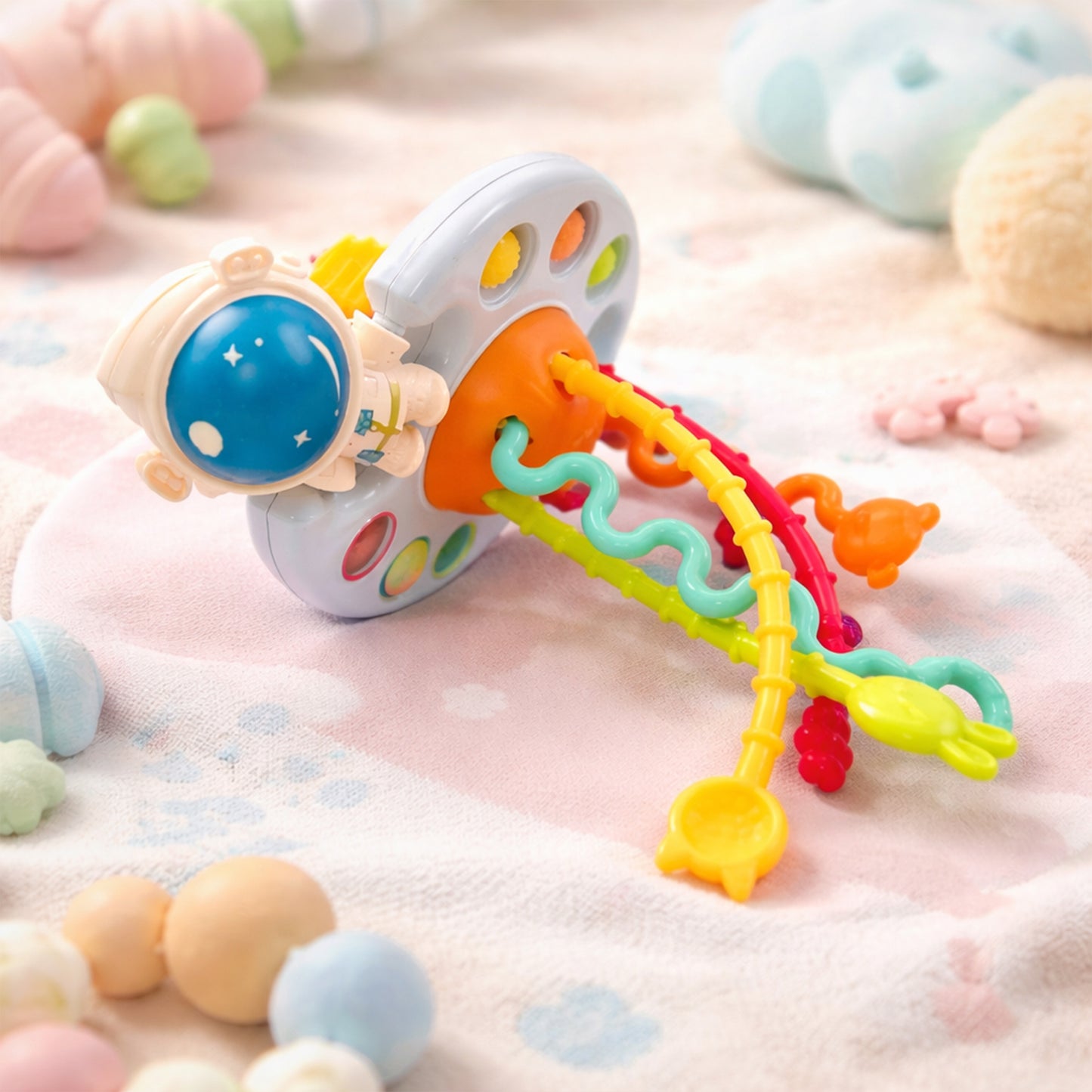 Silicone Sensory Pull Toy - 3-in-1 Baby Teether & Rattle Set - Learning & Development Toy for 6-12 Months