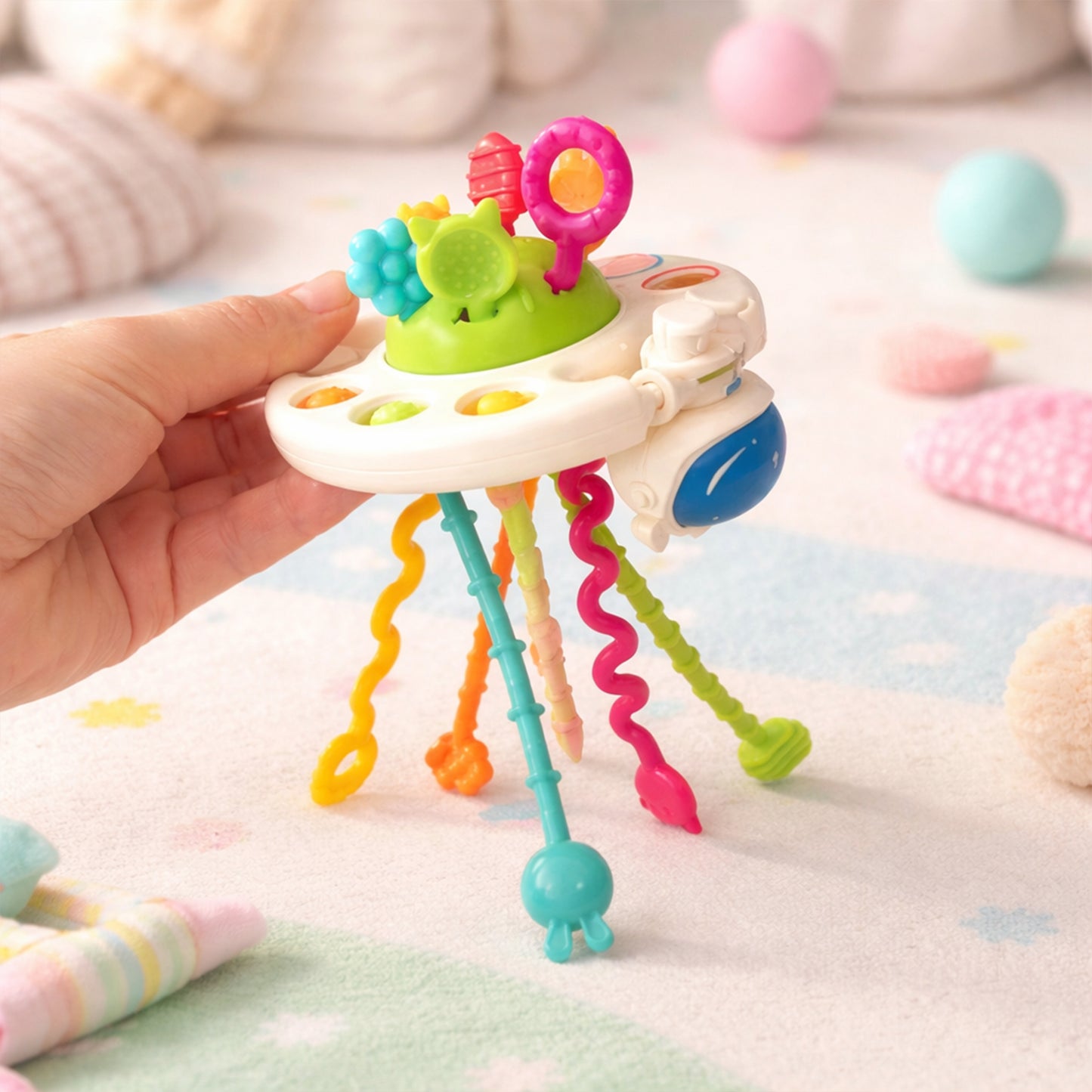 Silicone Sensory Pull Toy - 3-in-1 Baby Teether & Rattle Set - Learning & Development Toy for 6-12 Months