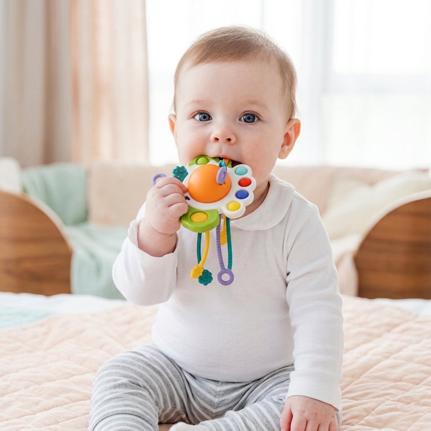 Silicone Sensory Pull Toy - 3-in-1 Baby Teether & Rattle Set - Learning & Development Toy for 6-12 Months