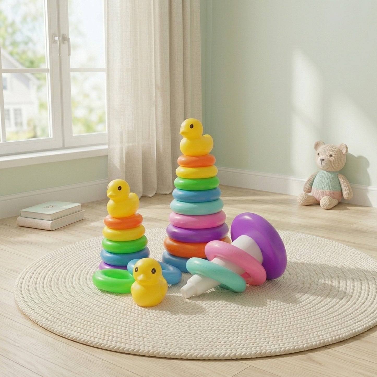 Baby Rainbow Stacking Toy - Yellow Duck Circle Tower - Lightweight & Safe Plastic Early Education Set