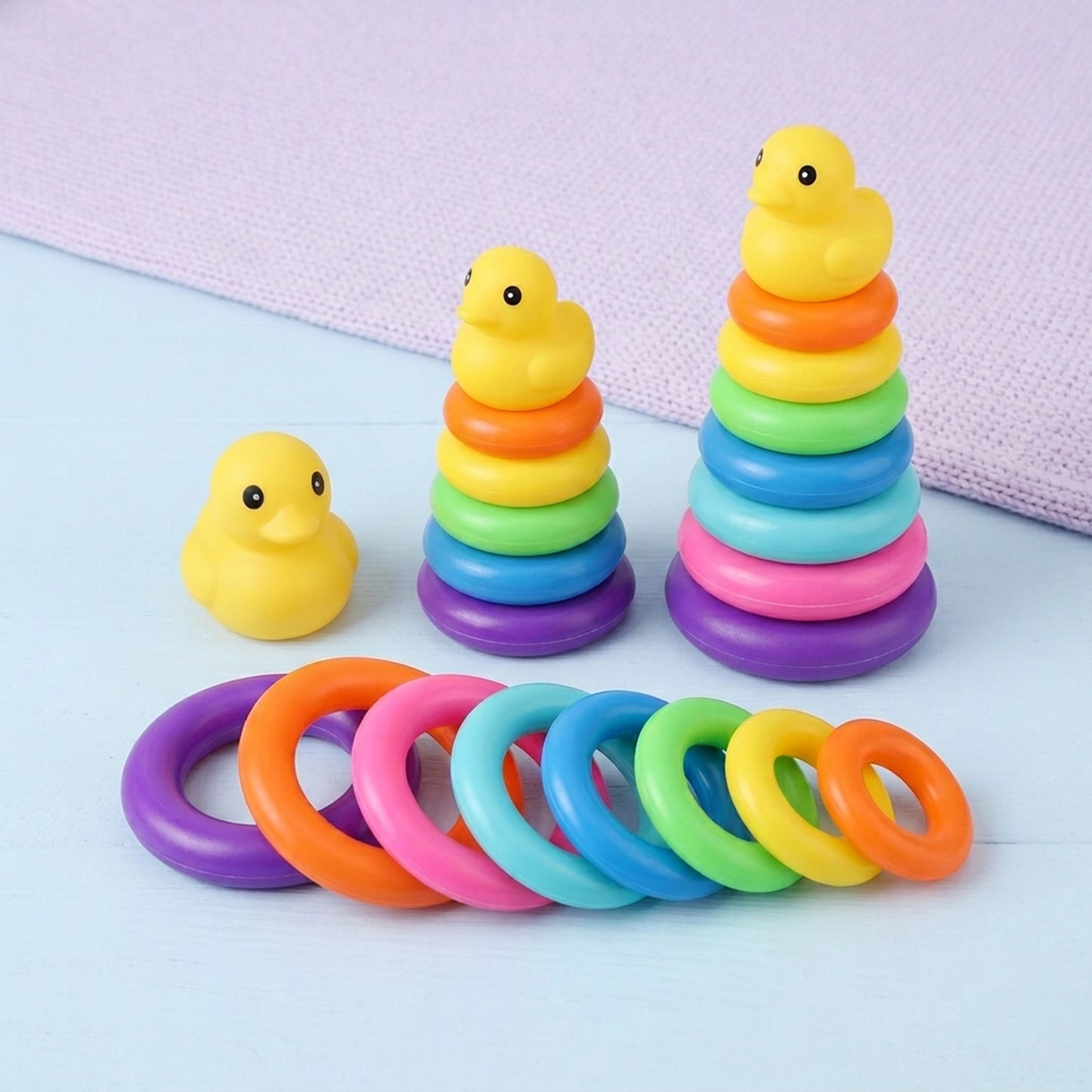 Baby Rainbow Stacking Toy - Yellow Duck Circle Tower - Lightweight & Safe Plastic Early Education Set