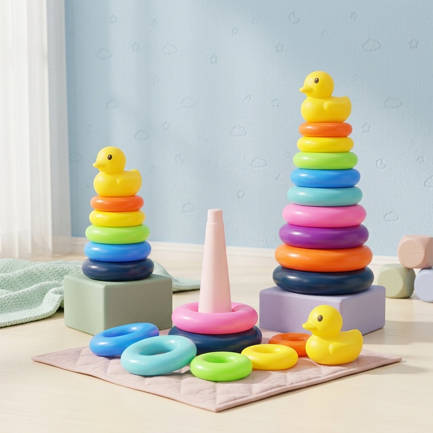 Baby Rainbow Stacking Toy - Yellow Duck Circle Tower - Lightweight & Safe Plastic Early Education Set