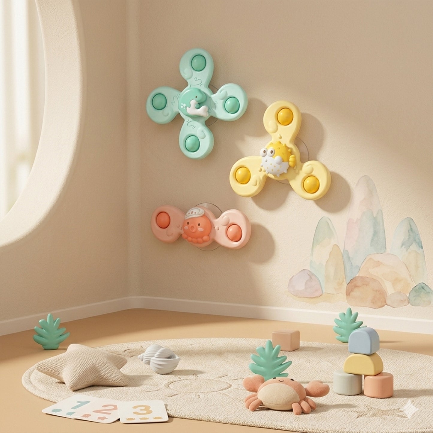 3-Piece Baby Suction Cup Spinners - Funny Bath & Highchair Sensory Toys - Interactive Rattle Shaker Set for Babies