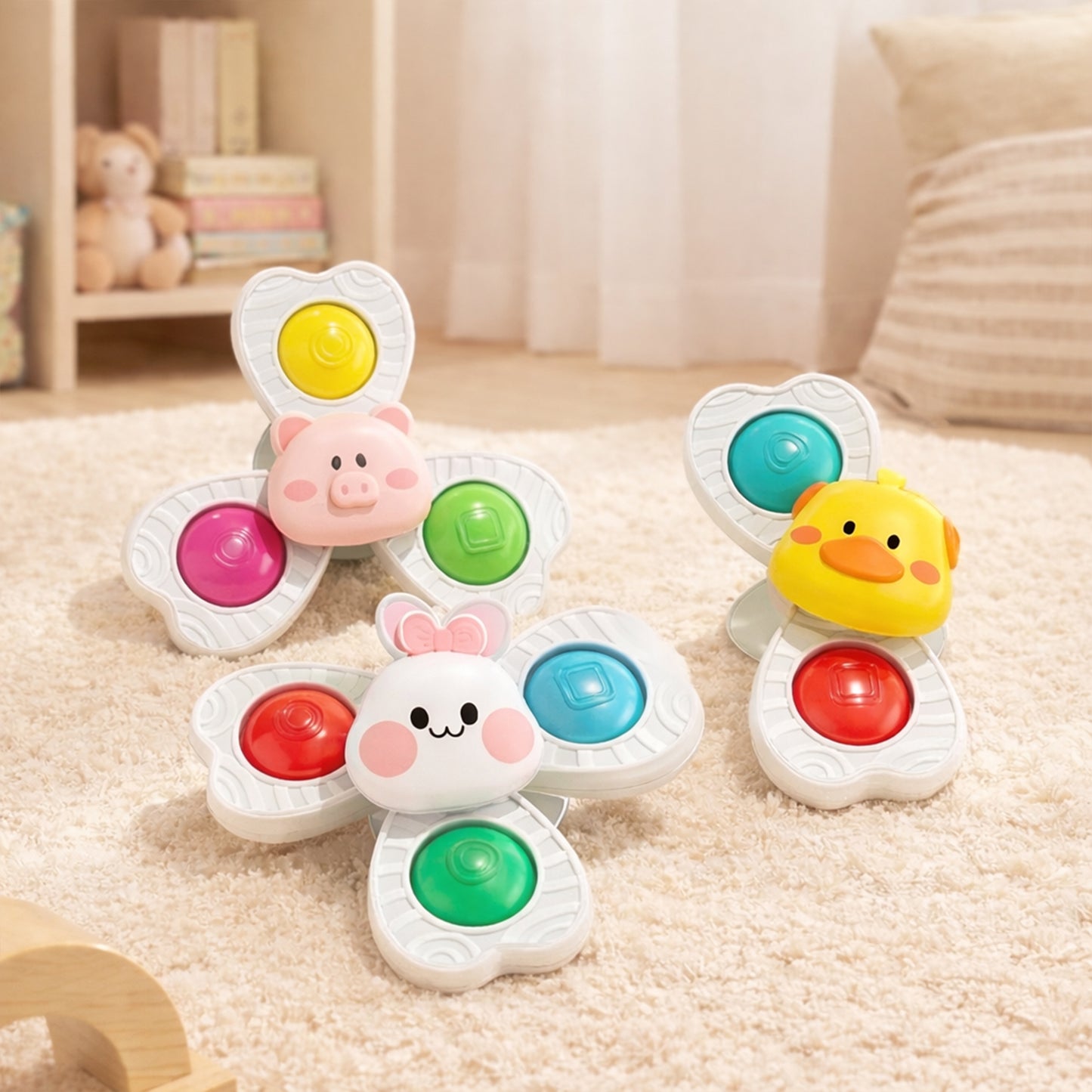 3-Piece Baby Suction Cup Spinners - Funny Bath & Highchair Sensory Toys - Interactive Rattle Shaker Set for Babies