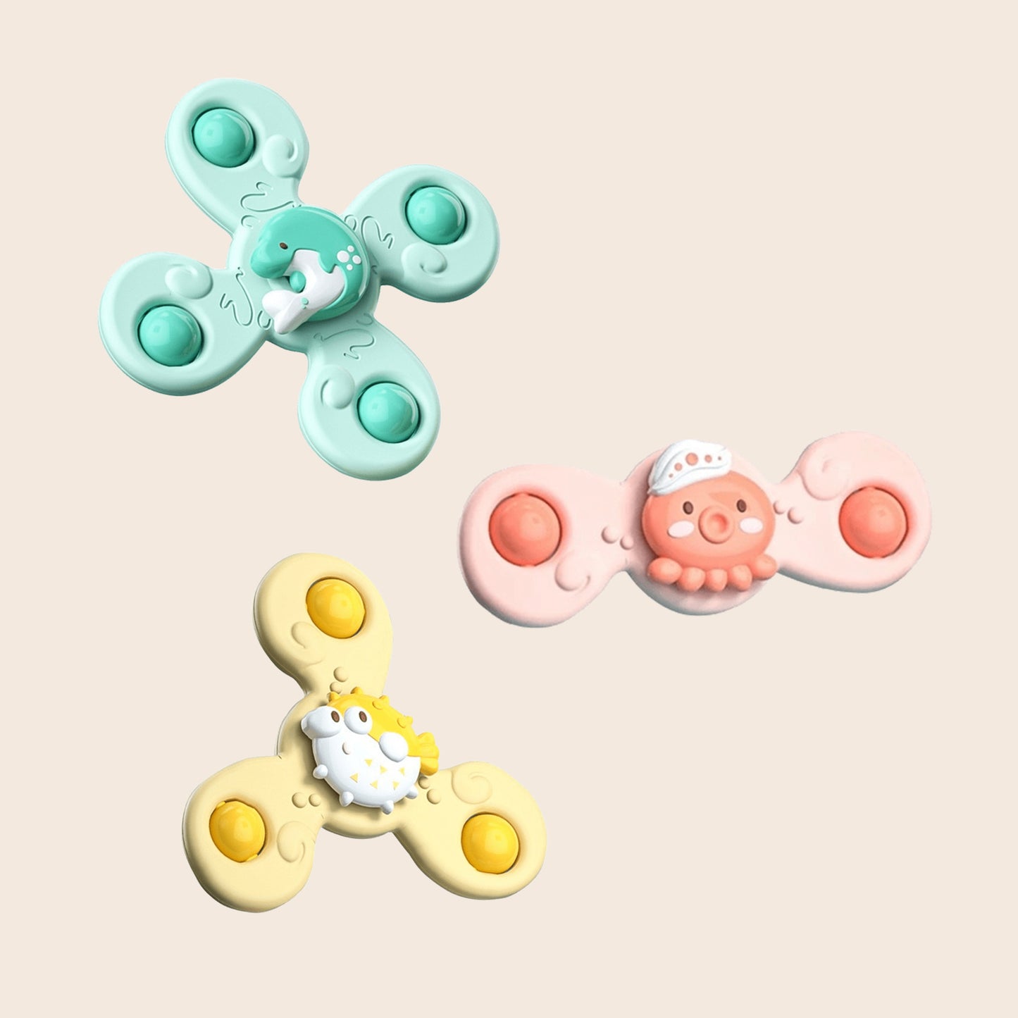 3-Piece Baby Suction Cup Spinners - Funny Bath & Highchair Sensory Toys - Interactive Rattle Shaker Set for Babies