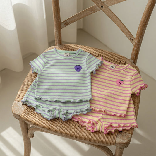 Summer Baby Girl Clothing Set - Striped Ear Edge Tops & Shorts - Grape & Peach Pattern 2Pcs Suit