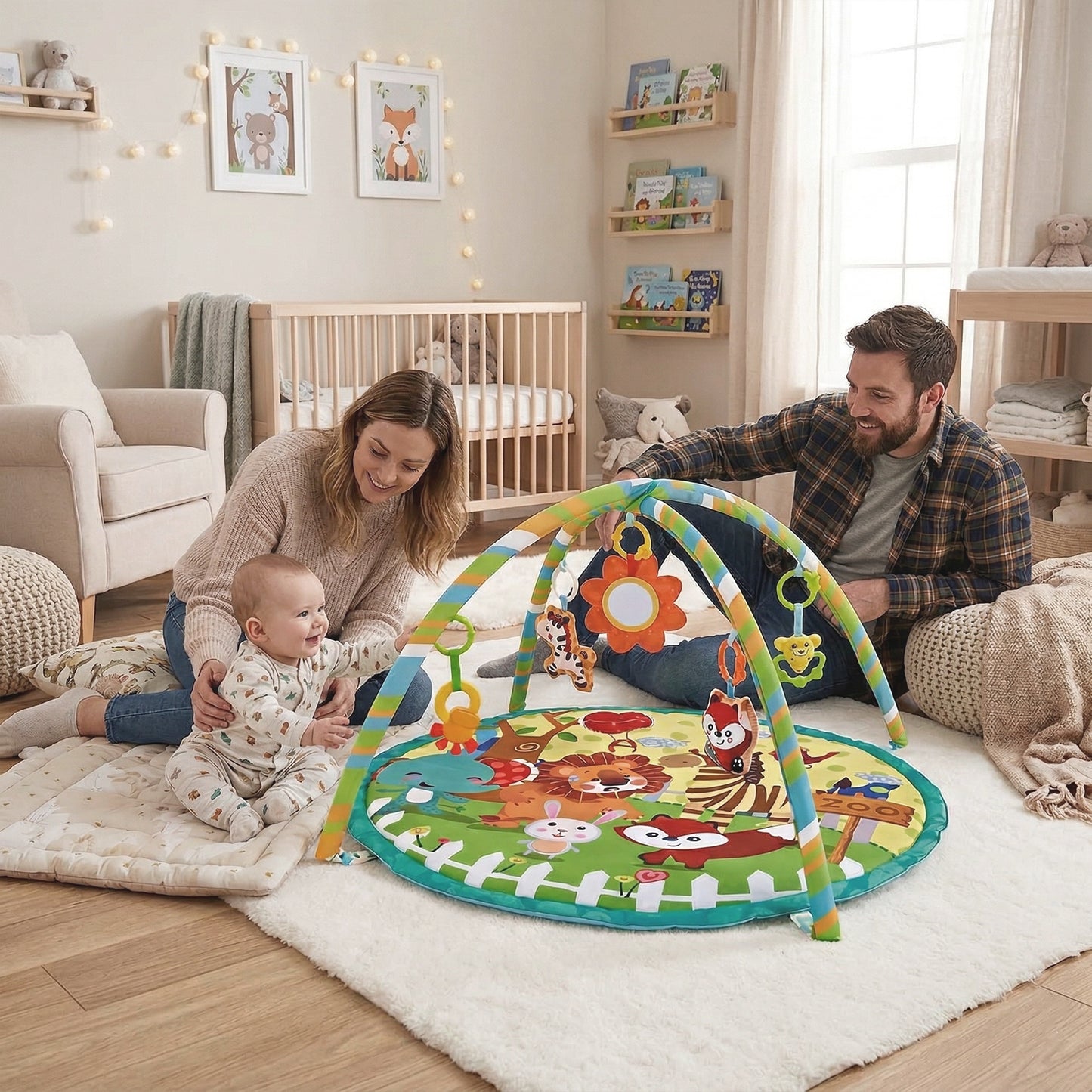 3-in-1 Baby Fitness Play Mat - Activity Gym with Safety Fence - Early Enlightenment Toy Set with Cloth Book Gift