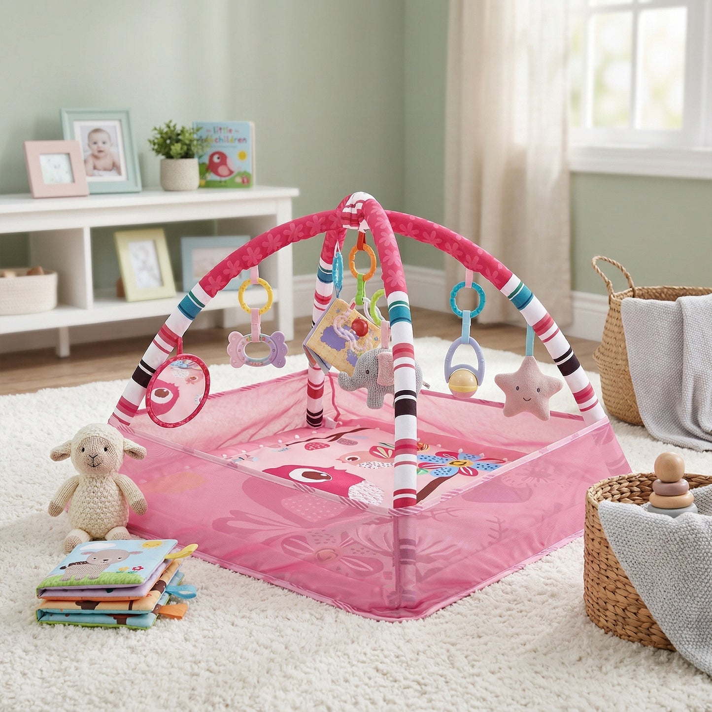 3-in-1 Baby Fitness Play Mat - Activity Gym with Safety Fence - Early Enlightenment Toy Set with Cloth Book Gift