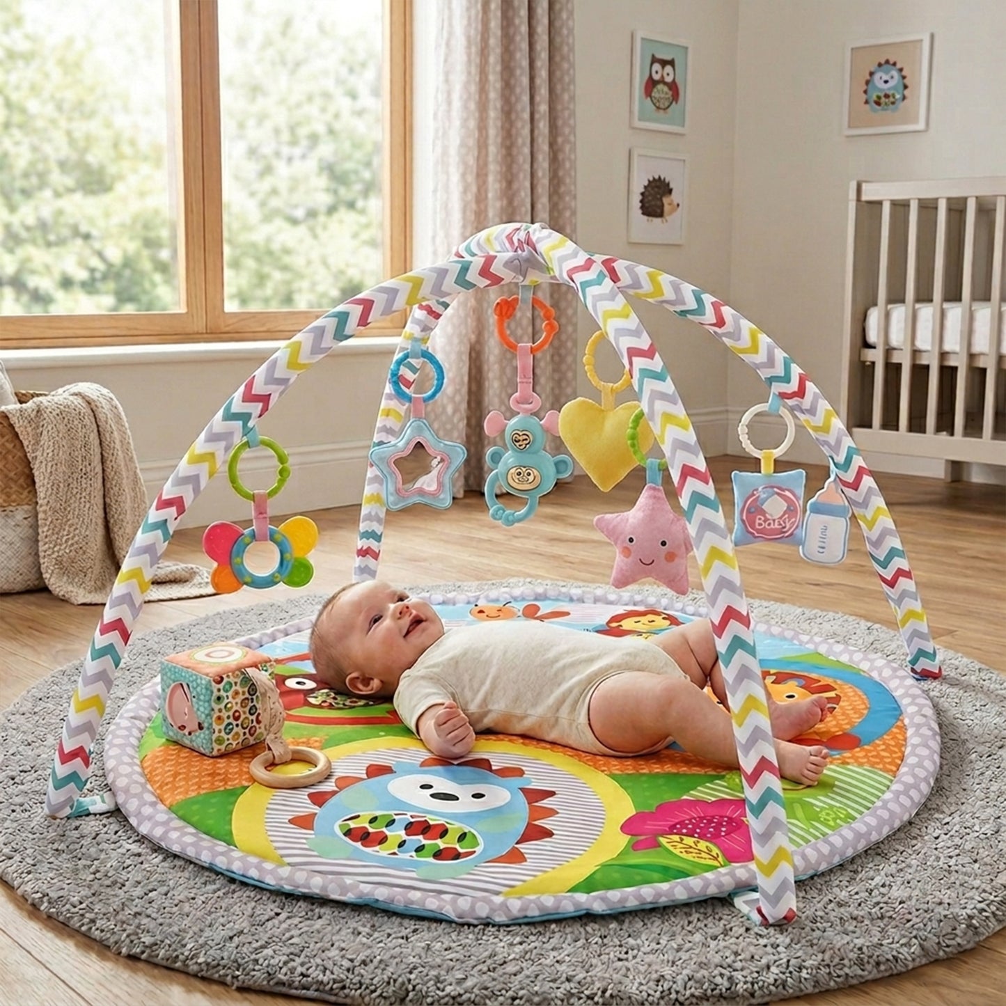 3-in-1 Baby Fitness Play Mat - Activity Gym with Safety Fence - Early Enlightenment Toy Set with Cloth Book Gift