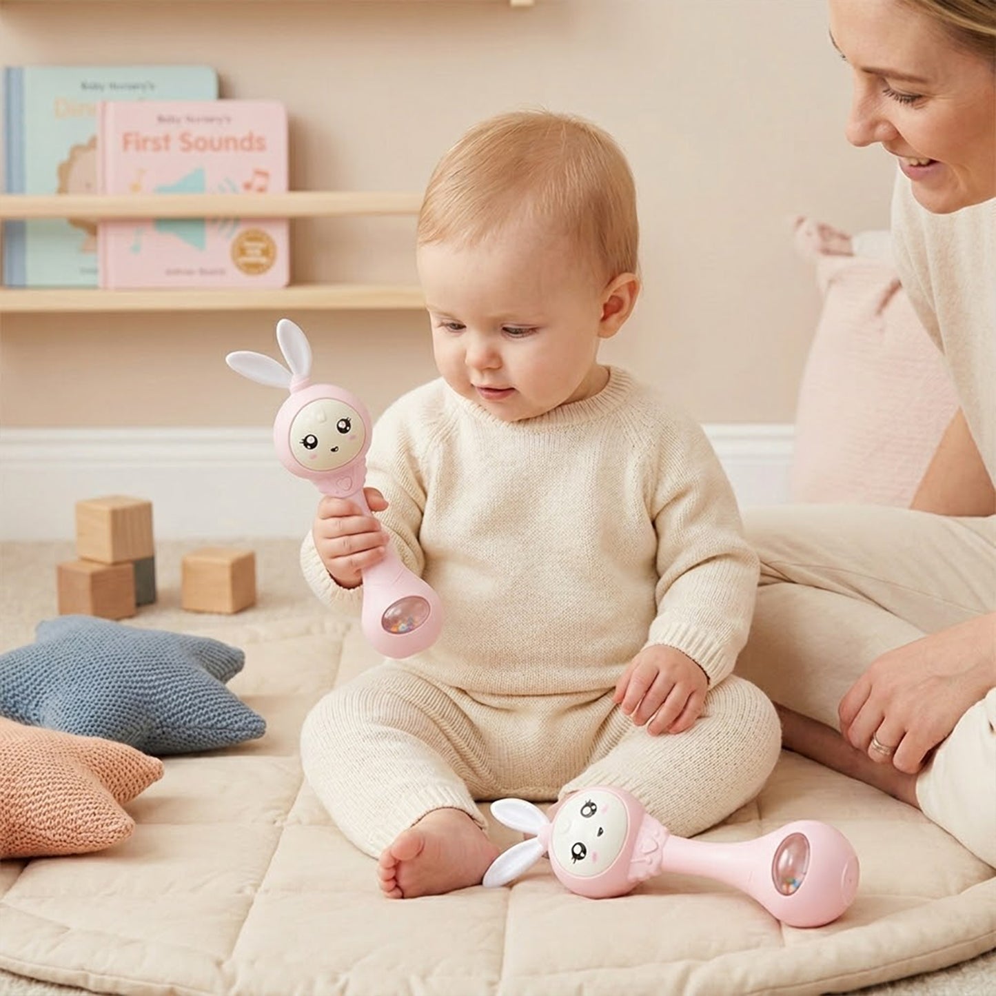 Smart Bunny Music & Light Rattle - Intelligent Baby Media Toy for Newborns - Smart Shake Early Educational Sensory Toy with Sound & Shine Features