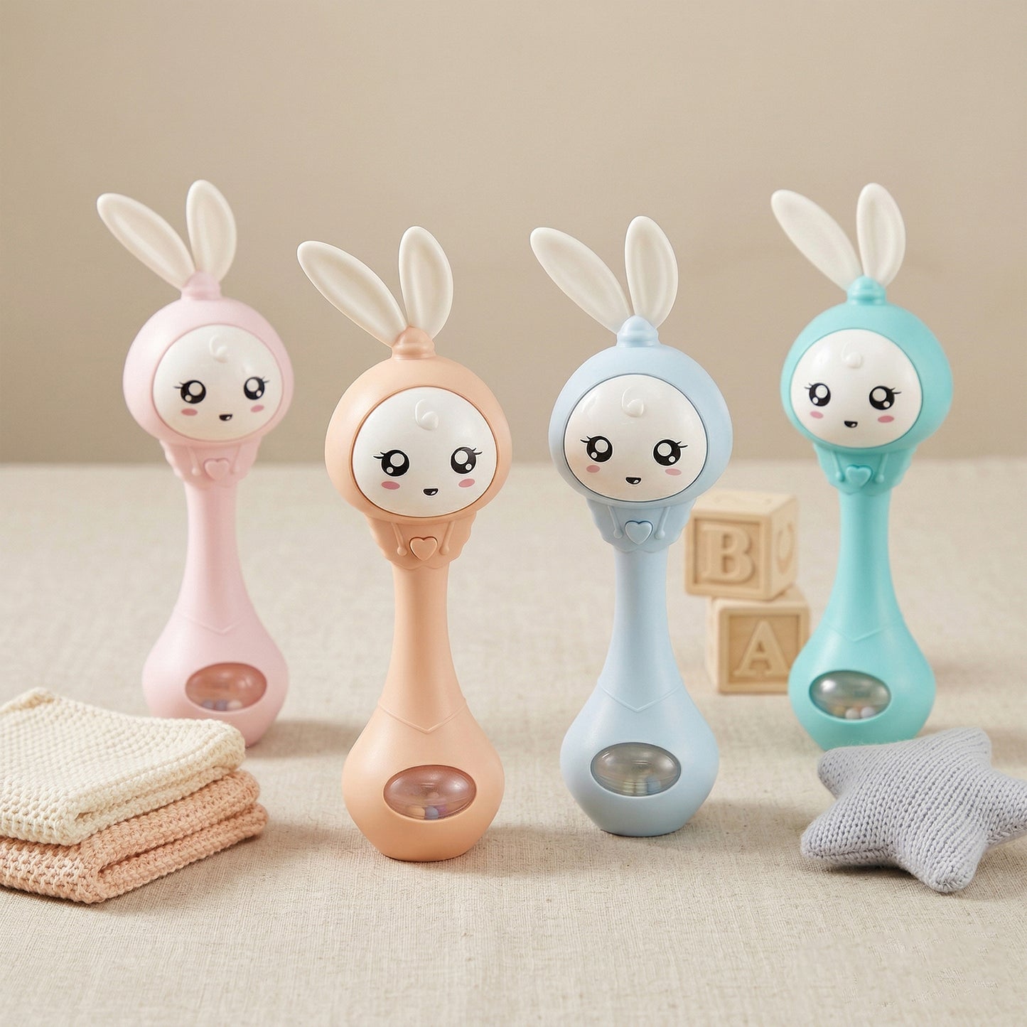 Smart Bunny Music & Light Rattle - Intelligent Baby Media Toy for Newborns - Smart Shake Early Educational Sensory Toy with Sound & Shine Features